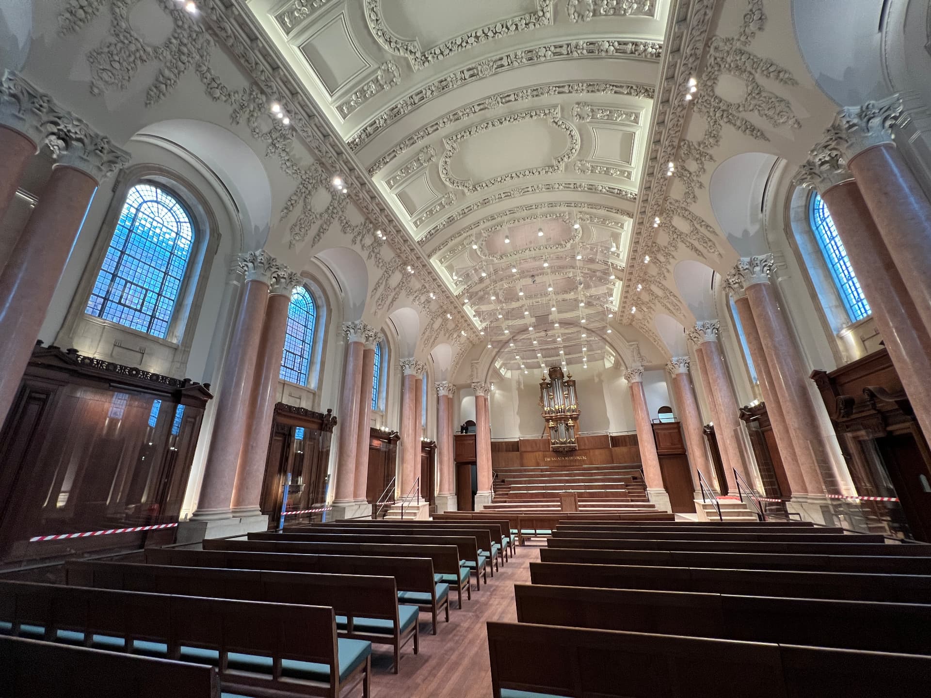 The Salata Auditorium in School Hall after refurbishment, looking toward the organ.