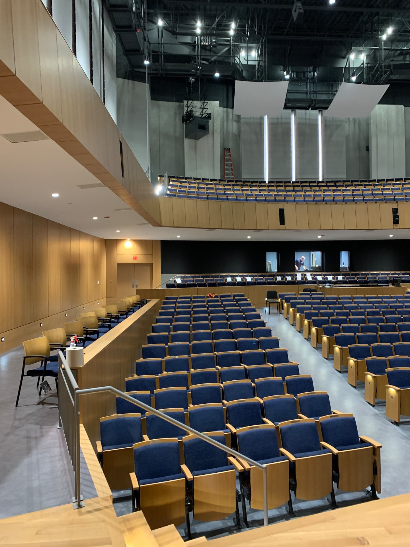 The completed concert hall, looking back toward the balcony and control room.