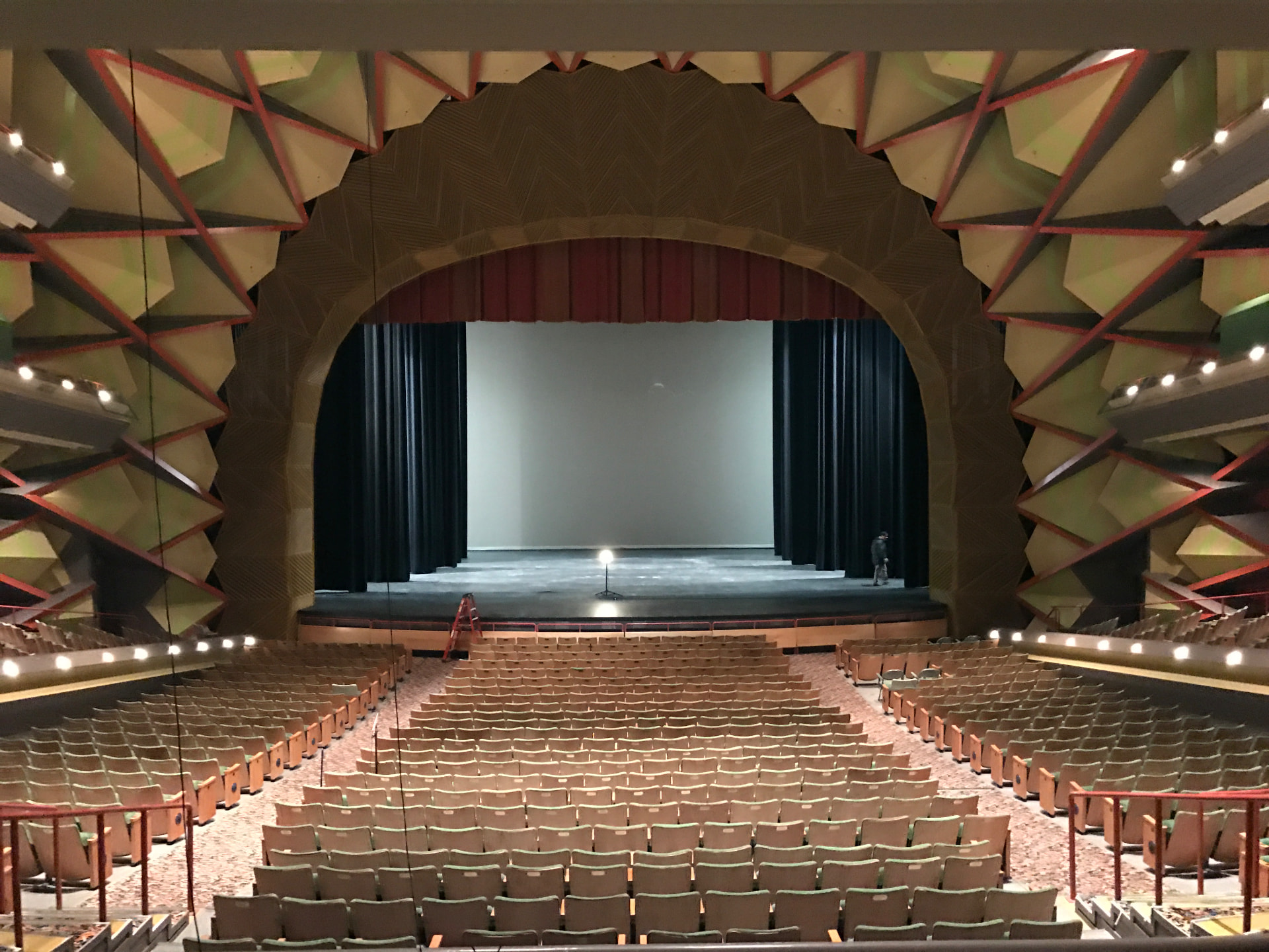 Atwood Concert Hall from the balcony — array coverage reassessed during the main-loudspeaker retune.